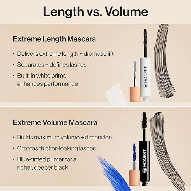 HONEST BEAUTY 2-IN-1 LENGTHENING VOLUMIZING MASCARA LASH PRIMER, BLACK, 0.27 FL OZ, CRUELTY-FREE