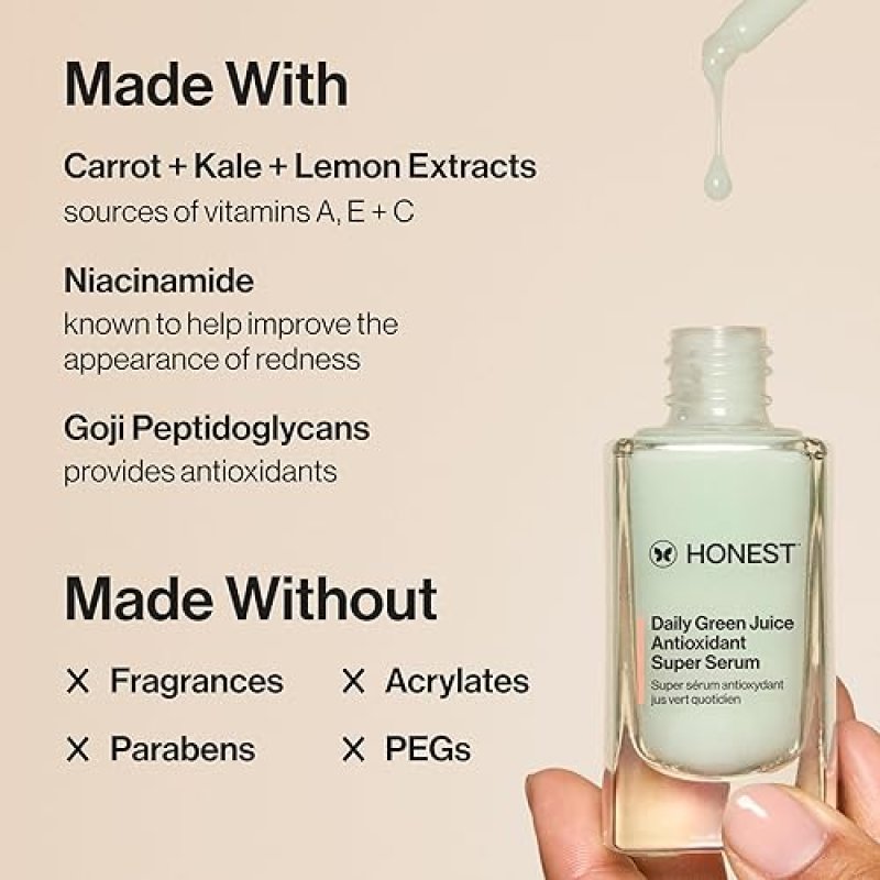HONEST BEAUTY DAILY GREEN JUICE SUPER SERUM ANTIOXIDANT, VEGAN, FRAGRANCE-FREE, 1 FL OZ