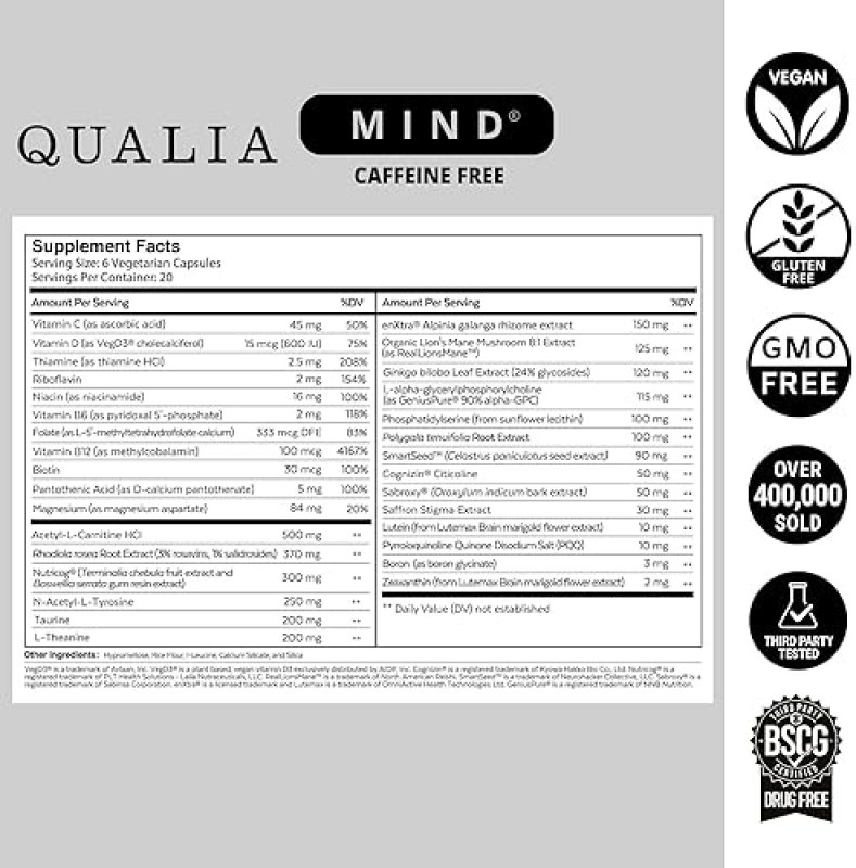 QUALIA  MIND CAFFEINE-FREE DOCTOR-FORMULATED NOOTROPIC FOR FOCUS, BRAIN HEALTH PRODUCTIVITY