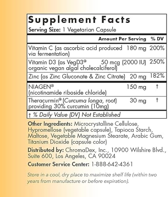 TRU NIAGEN IMMUNE SUPPORT SUPPLEMENT WITH VITAMIN C, D3 2000 IU, ZINC CURCUMIN, 30CT