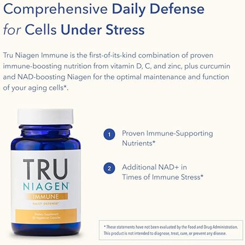 TRU NIAGEN IMMUNE SUPPORT SUPPLEMENT WITH VITAMIN C, D3 2000 IU, ZINC CURCUMIN, 30CT