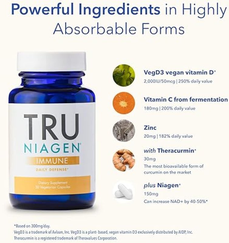 TRU NIAGEN IMMUNE SUPPORT SUPPLEMENT WITH VITAMIN C, VEGAN D3 2000 IU, ZINC CURCUMIN 150MG