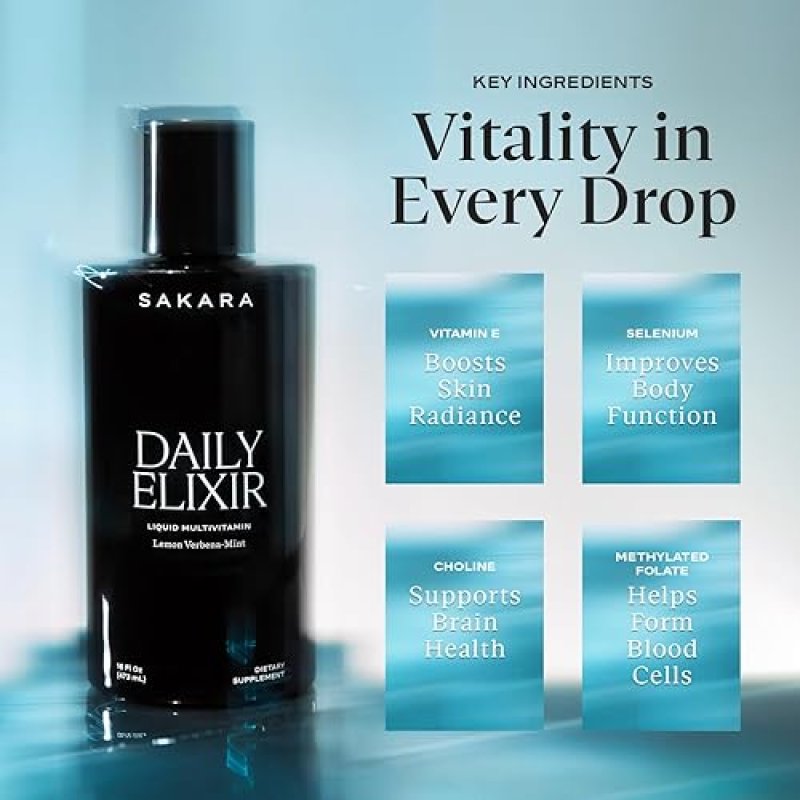 SAKARA DAILY ELIXIR LIQUID MULTIVITAMIN PLANT-BASED, SUGAR-FREE, LEMON MINT, 16 FL OZ