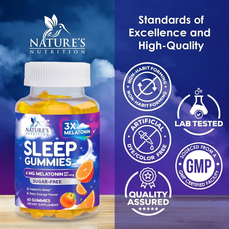 NATURE'S NUTRITION MELATONIN SLEEP GUMMIES 6MG SUGAR FREE EXTRA STRENGTH SLEEP SUPPORT FOR ADULTS, 60 COUNT