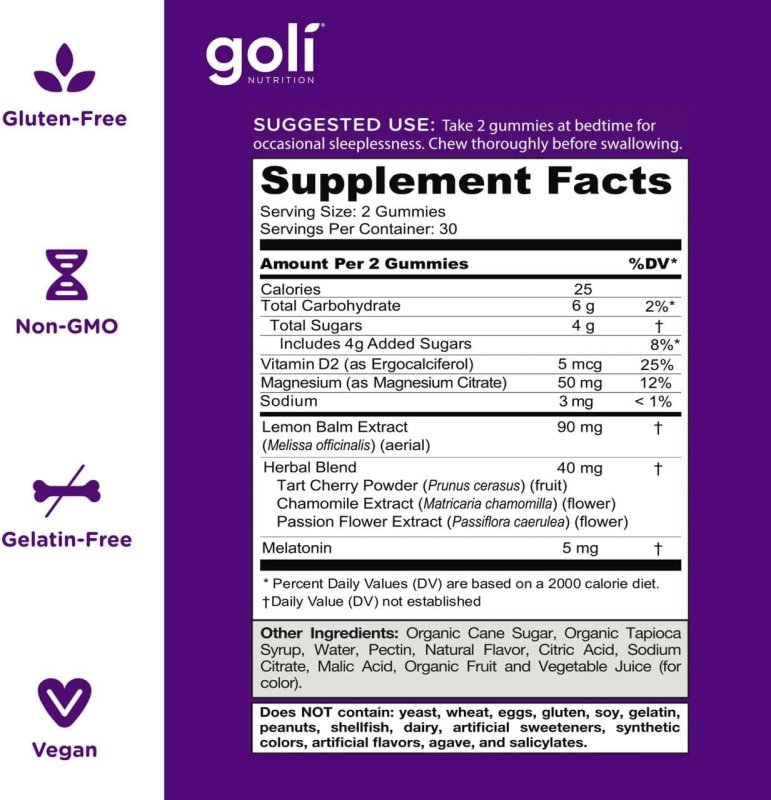 GOLI DREAMY SLEEP GUMMIES WITH LEMON BALM BOTANICALS NATURAL SLEEP SUPPORT, 60 COUNT