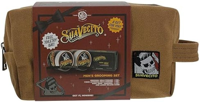 SUAVECITO MENS HAIR GROOMING SET OG FIRME HOLD POMADES, BODY SOAP, DELUXE COMB CANVAS BAG