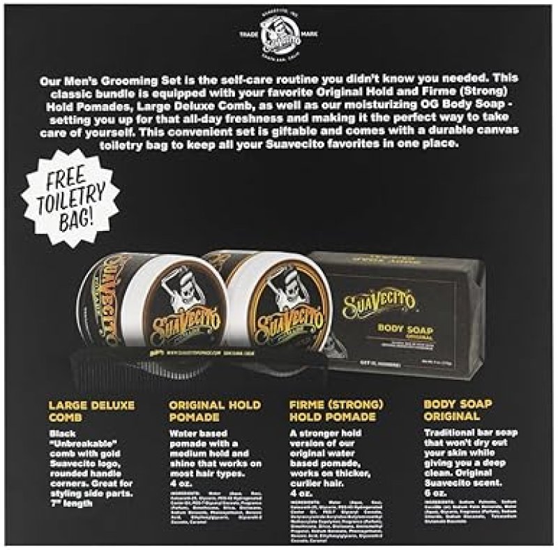SUAVECITO MENS HAIR GROOMING SET OG FIRME HOLD POMADES, BODY SOAP, DELUXE COMB CANVAS BAG