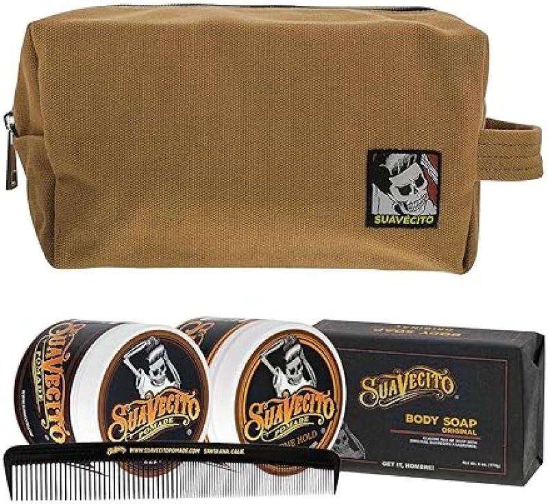 SUAVECITO MENS HAIR GROOMING SET OG FIRME HOLD POMADES, BODY SOAP, DELUXE COMB CANVAS BAG