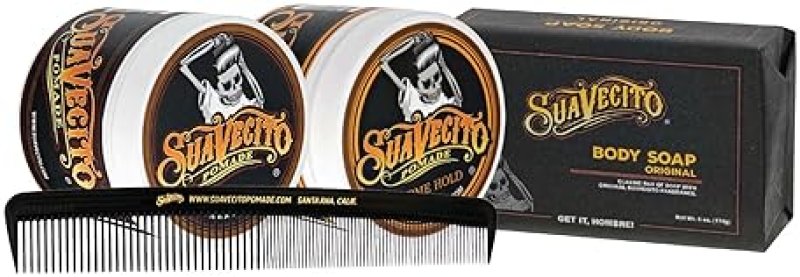 SUAVECITO MENS HAIR GROOMING SET OG FIRME HOLD POMADES, BODY SOAP, DELUXE COMB CANVAS BAG