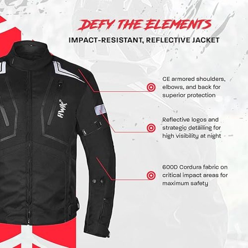 HWK SCORPION MOTORCYCLE JACKET BLACK LARGE UNISEX ARMOR, BREATHABLE CORDURA, REFLECTIVE GEAR