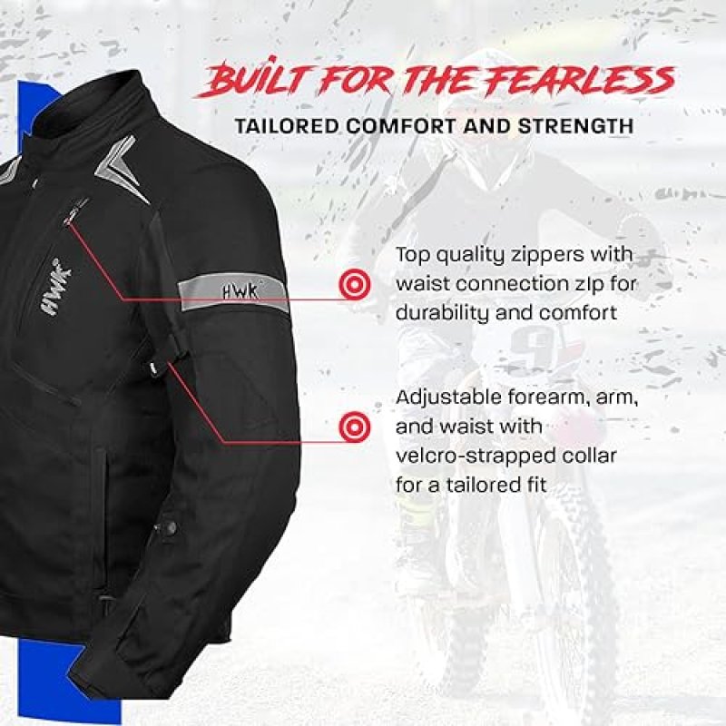 HWK SCORPION MOTORCYCLE JACKET BLACK LARGE UNISEX ARMOR, BREATHABLE CORDURA, REFLECTIVE GEAR