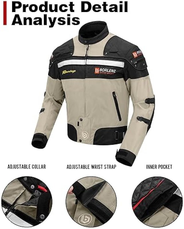 BORLENI BROWN XXL WINDPROOF MOTORCYCLE JACKET WITH CE ARMOR FULL BODY PROTECTION FOR ALL SEASONS
