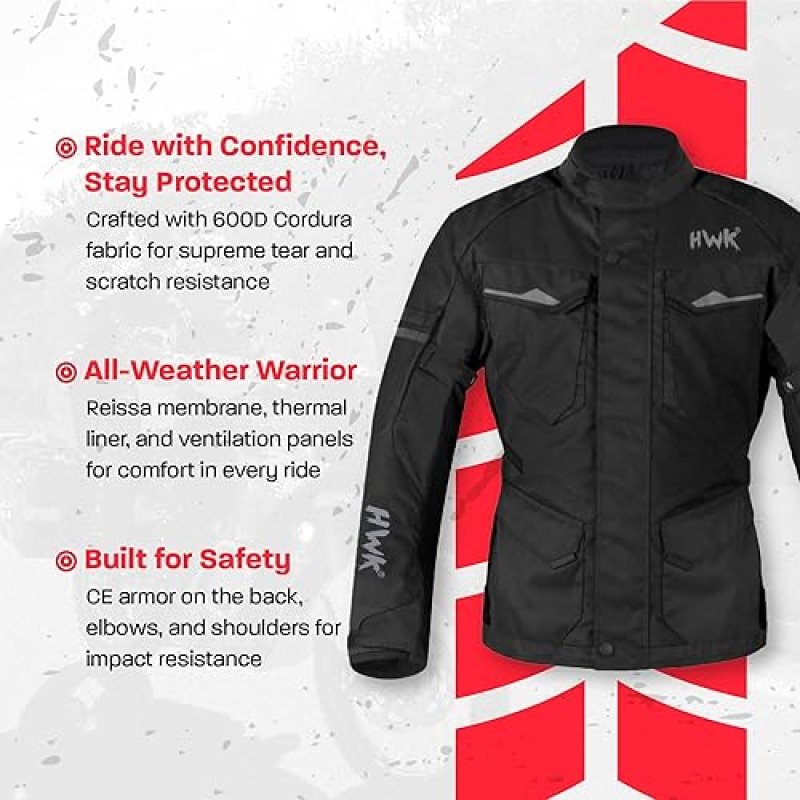 HWK MENS ADVENTURE TOURING MOTORCYCLE JACKET - WATER RESISTANT CORDURA WITH CE ARMOR, BLACK XL