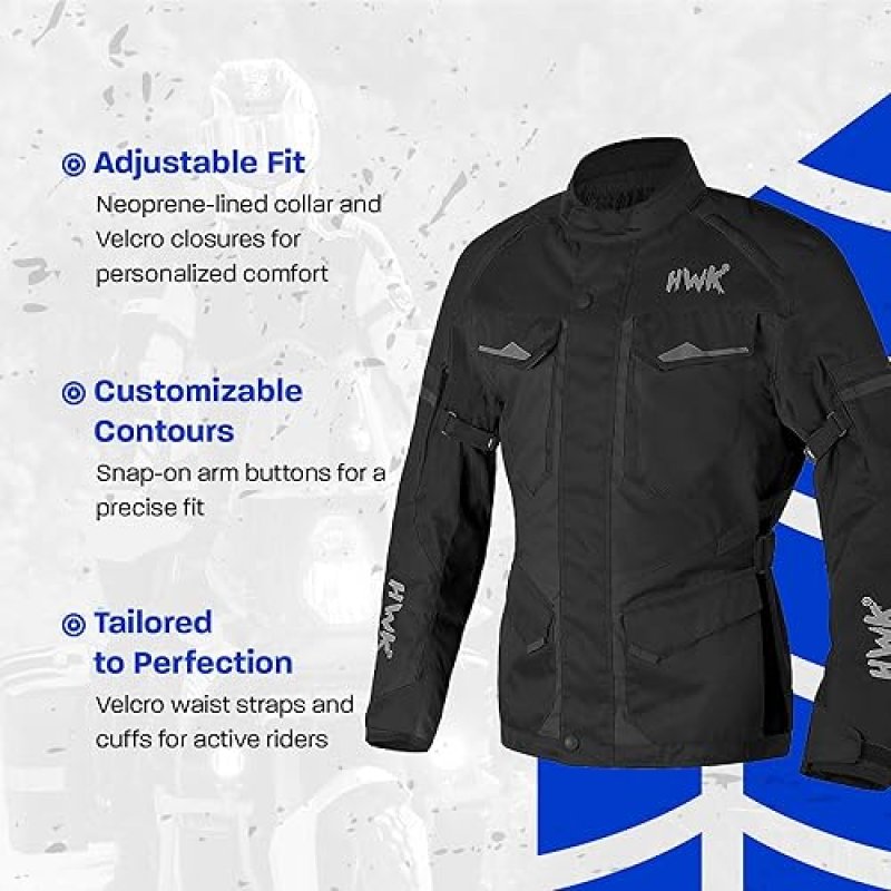 HWK MENS ADVENTURE TOURING MOTORCYCLE JACKET - WATER RESISTANT CORDURA WITH CE ARMOR, BLACK XL