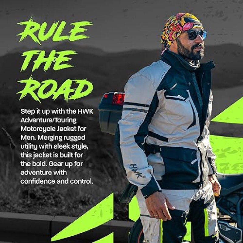 HWK MENS ADVENTURE TOURING MOTORCYCLE JACKET - WATER RESISTANT CORDURA WITH CE ARMOR, BLACK XL