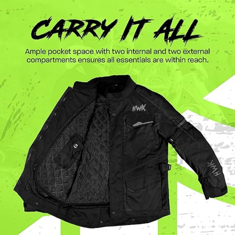 HWK MENS ADVENTURE TOURING MOTORCYCLE JACKET - WATER RESISTANT CORDURA WITH CE ARMOR, BLACK XL