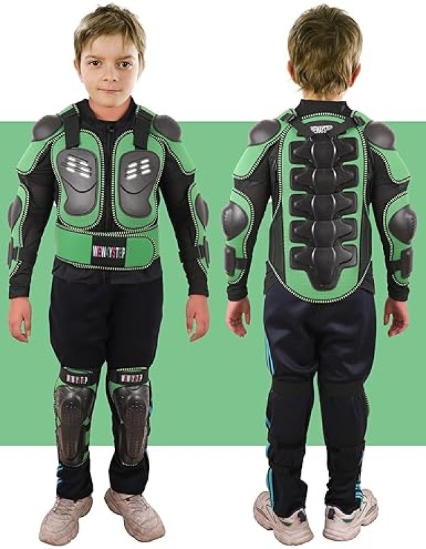 WEWAYSTEP KIDS MOTORCYCLE JACKET WITH MOTOCROSS SPINE CHEST PROTECTOR ARMOR, KNEE SHIN GUARDS GEAR