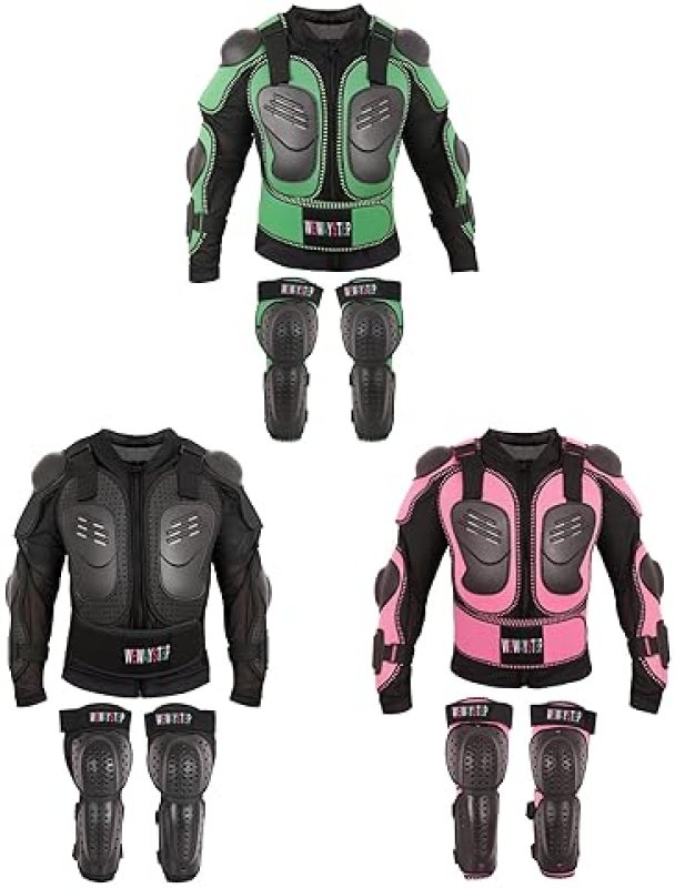 WEWAYSTEP KIDS MOTORCYCLE JACKET WITH MOTOCROSS SPINE CHEST PROTECTOR ARMOR, KNEE SHIN GUARDS GEAR