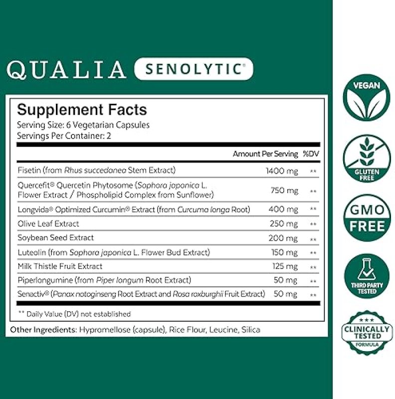 QUALIA SENOLYTIC SUPPLEMENT WITH FISETIN, QUERCETIN PIPERLONGUMIN ANTI-AGING CELL REPAIR, 1 MONTH