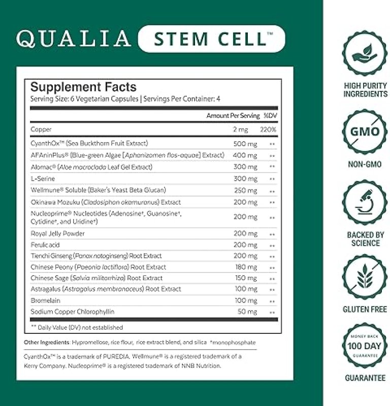 QUALIA STEM CELL SUPPLEMENT WITH ROYAL JELLY, ASTRAGALUS SEA BUCKTHORN 16 INGREDIENTS, 4 DAYS MONTH