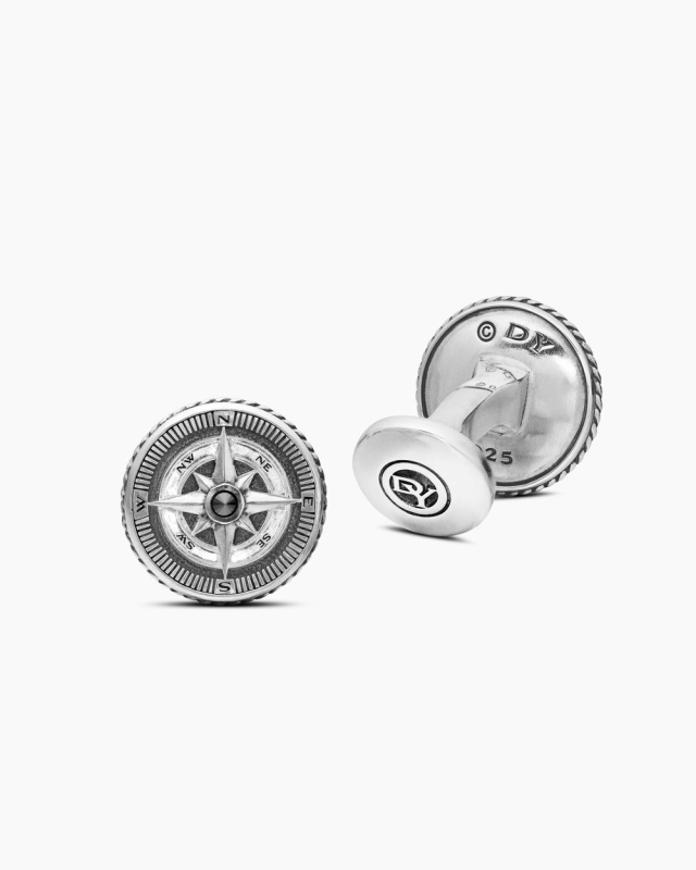 DAVID YURMAN MARITIME® COMPASS CUFFLINKS STERLING SILVER WITH CENTER BLACK DIAMOND, 16MM
