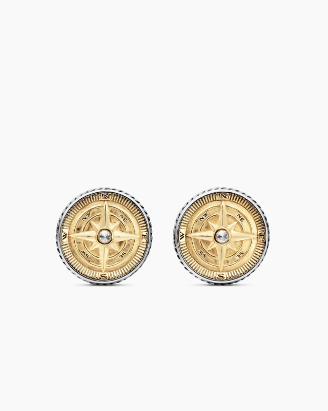 DAVID YURMAN MARITIME® COMPASS CUFFLINKS STERLING SILVER WITH 18K YELLOW GOLD AND CENTER DIAMOND, 16MM