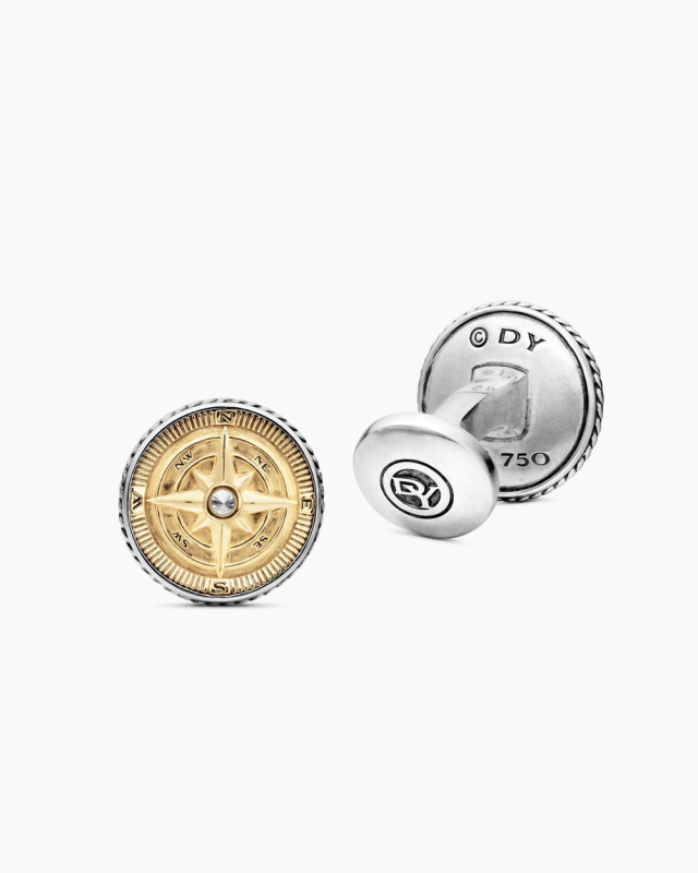 DAVID YURMAN MARITIME® COMPASS CUFFLINKS STERLING SILVER WITH 18K YELLOW GOLD AND CENTER DIAMOND, 16MM