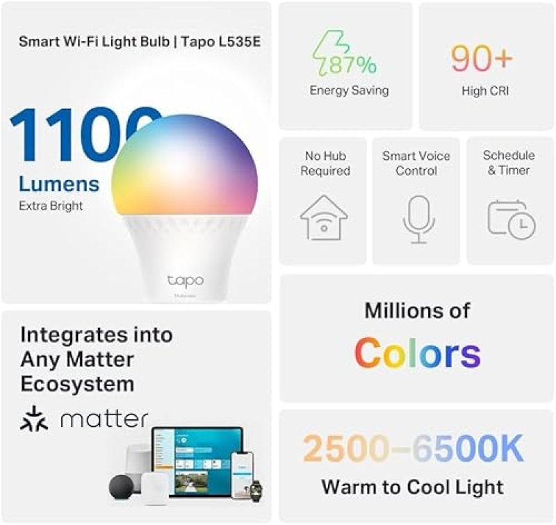 TAPO L535E SMART LED BULB, 1100 LUMENS, 16M COLORS, DIMMABLE, VOICE CONTROL, MATTER