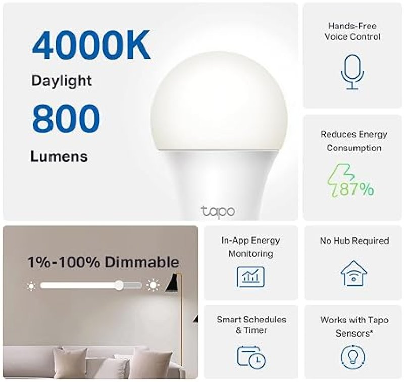 TAPO TP-LINK SMART LED BULBS A60 E27, DIMMABLE DAYLIGHT, ALEXA GOOGLE, 4-PACK, NO HUB