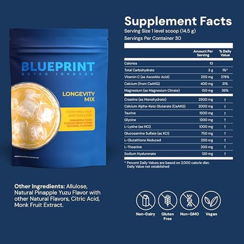 BLUEPRINT BRYAN JOHNSON LONGEVITY MIX MUSCLE BUILDER RECOVERY SUPPLEMENT, 30 SERVINGS, PINEAPPLE YUZ