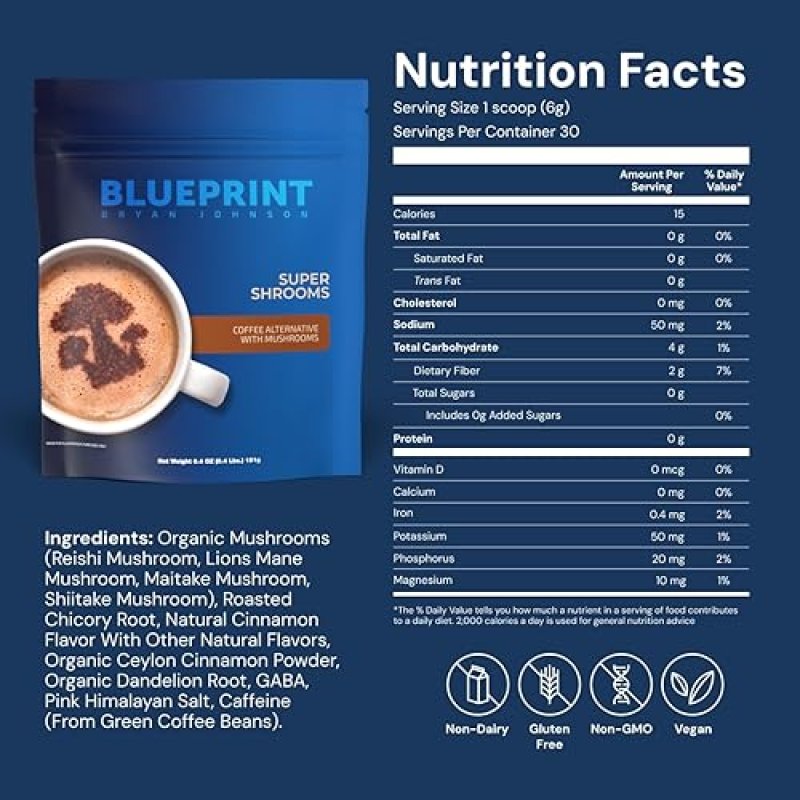 BLUEPRINT BRYAN JOHNSON SUPER SHROOM COFFEE BY BRYAN JOHNSON LION S MANE, REISHI, GABA 70MG CAFFEINE 30 SERVINGS