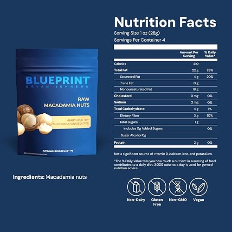 BLUEPRINT BRYAN JOHNSON RAW MACADAMIA NUTS 4OZ VEGAN, KETO, PALEO, NO PALM OIL, NO SUGAR