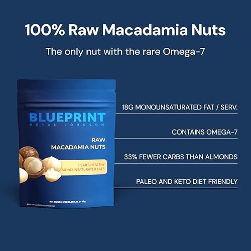 BLUEPRINT BRYAN JOHNSON RAW MACADAMIA NUTS 4OZ VEGAN, KETO, PALEO, NO PALM OIL, NO SUGAR