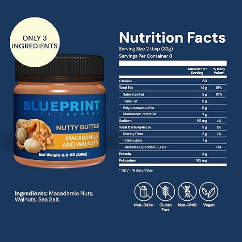 BLUEPRINT BRYAN JOHNSON CHUNKY MACADAMIA WALNUT BUTTER NO PALM OIL, NO SUGAR KETO VEGAN PALEO 8.8OZ