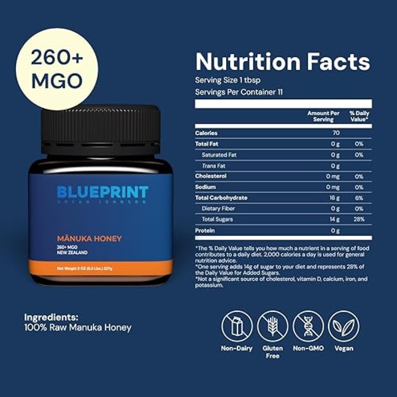 BLUEPRINT BRYAN JOHNSON MANUKA HONEY MGO 260 - NEW ZEALAND RAW HONEY, 8 OZ - PURE NATURAL SWEETENER