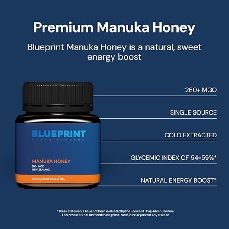 BLUEPRINT BRYAN JOHNSON MANUKA HONEY MGO 260 - NEW ZEALAND RAW HONEY, 8 OZ - PURE NATURAL SWEETENER