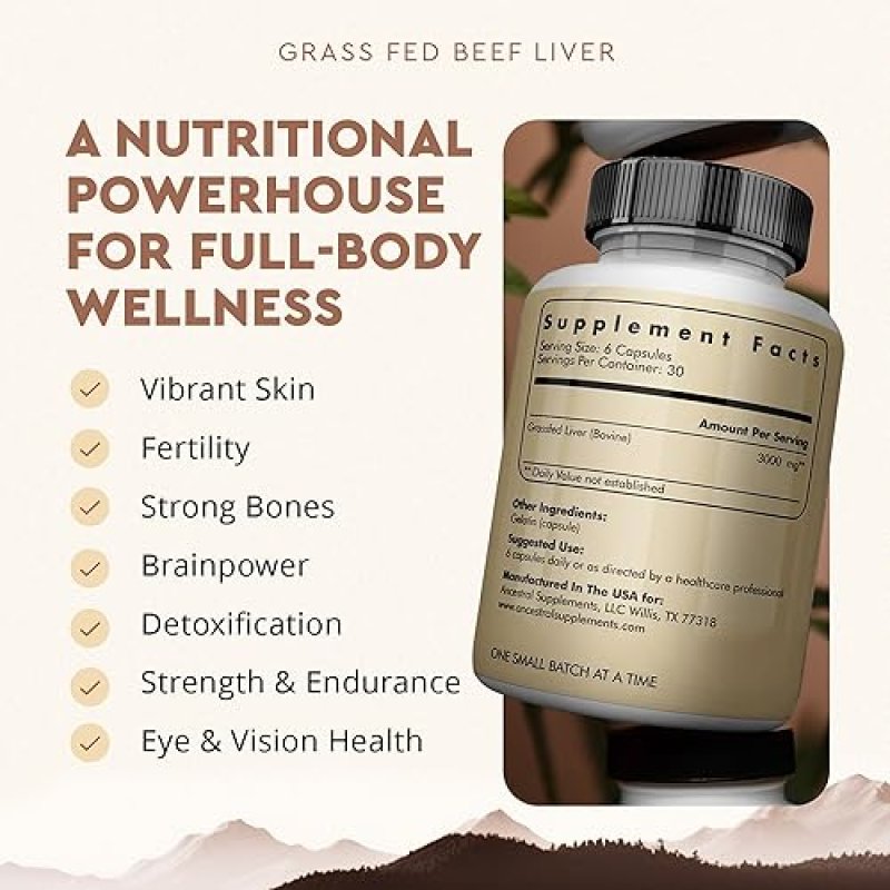 ANCESTRAL SUPPLEMENTS BEEF LIVER CAPSULES 180 COUNT GRASS FED, NON-GMO, IMMUNE SUPPORT