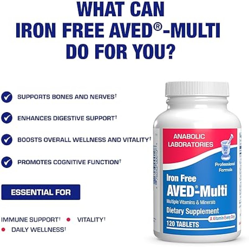 ANABOLIC LABORATORIES IRON-FREE DAILY MULTIVITAMIN FOR MEN WOMEN, 120 TABLETS AVED MULTI VITAMINS MINERALS