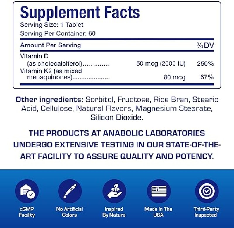 ANABOLIC LABORATORIES CHEWABLE VITAMIN D3 K2 2000IU CINNAMON BONE, TEETH, MOOD IMMUNITY SUPPORT 60 DAYS