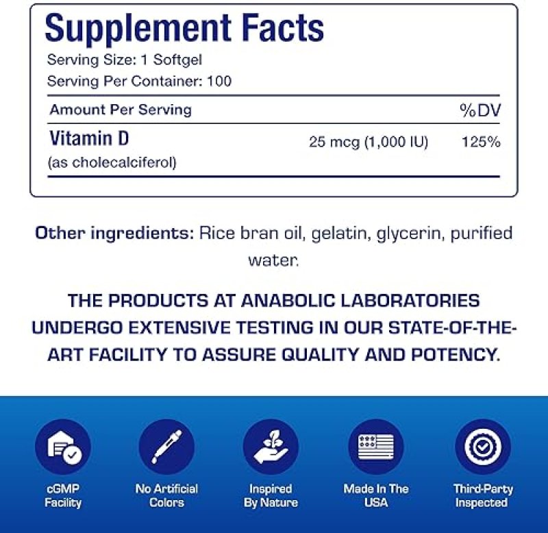 ANABOLIC LABORATORIES VITAMIN D3 1000IU HIGH ABSORPTION - BONE, MUSCLE IMMUNE SUPPORT - 100 EASY SWALLOW TABLETS
