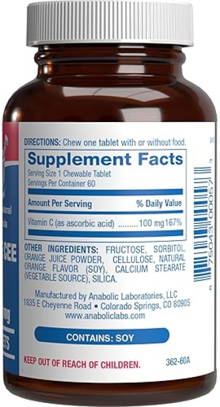 ANABOLIC LABORATORIES KIDS VITAMIN C CHEWABLE TABLETS IMMUNE SUPPORT, REAL ORANGE, NO ARTIFICIAL COLORS, 60 SERVINGS