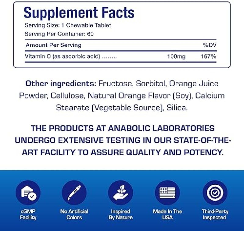 ANABOLIC LABORATORIES KIDS VITAMIN C CHEWABLE TABLETS IMMUNE SUPPORT, REAL ORANGE, NO ARTIFICIAL COLORS, 60 SERVINGS