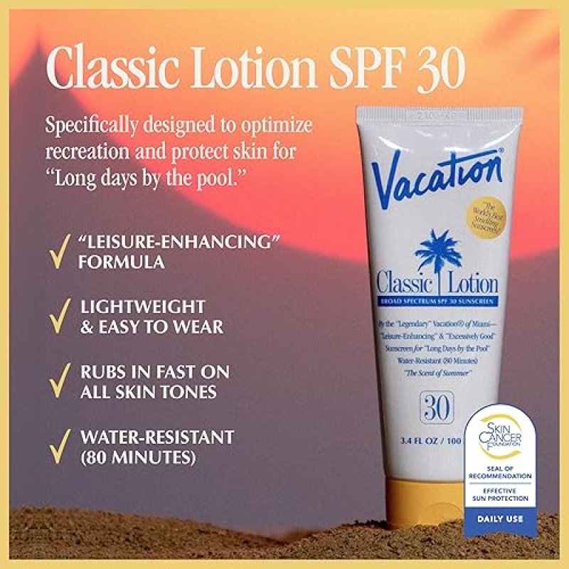 VACATION CLASSIC SPF 30 SUNSCREEN LOTION AIR FRESHENER BUNDLE WATER-RESISTANT, VEGAN, TRAVEL SIZE