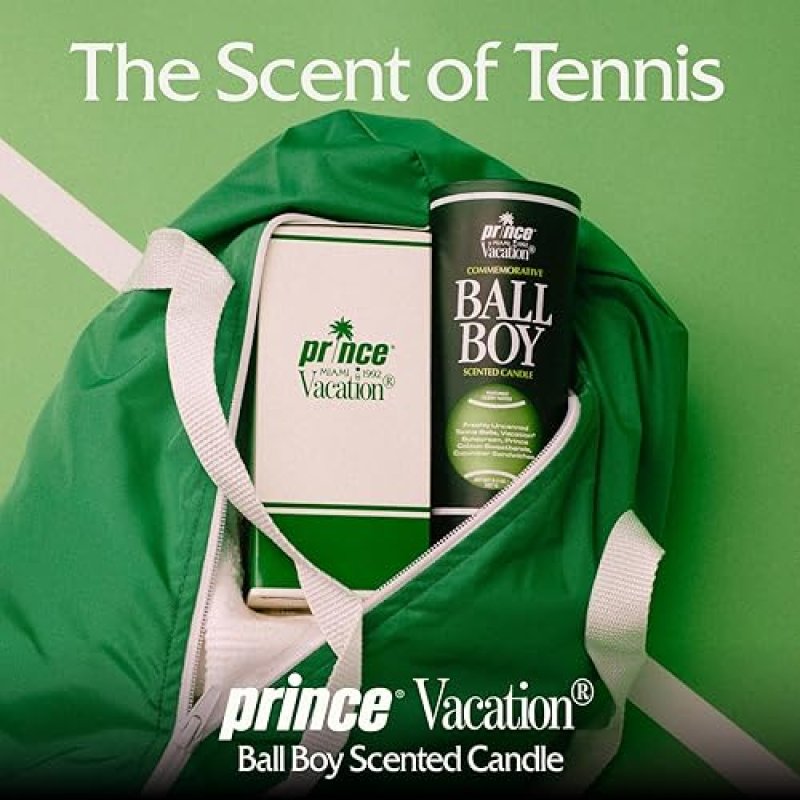 VACATION BALL BOY TENNIS SCENTED SOY CANDLE BY PRINCE X VACATION SUNSCREEN, 65-HOUR BURN, 8 OZ GIFT