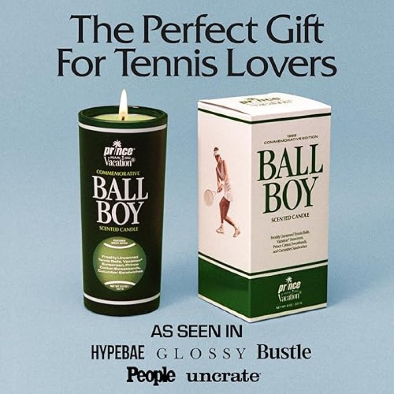 VACATION BALL BOY TENNIS SCENTED SOY CANDLE BY PRINCE X VACATION SUNSCREEN, 65-HOUR BURN, 8 OZ GIFT