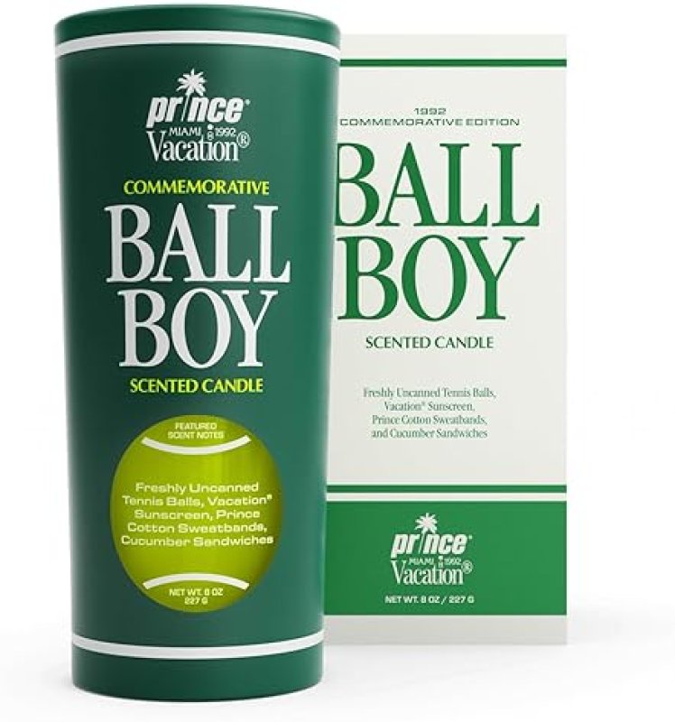 VACATION BALL BOY TENNIS SCENTED CANDLE BY PRINCE X VACATION SUNSCREEN, 65-HOUR SOY WAX, 8OZ GIFT