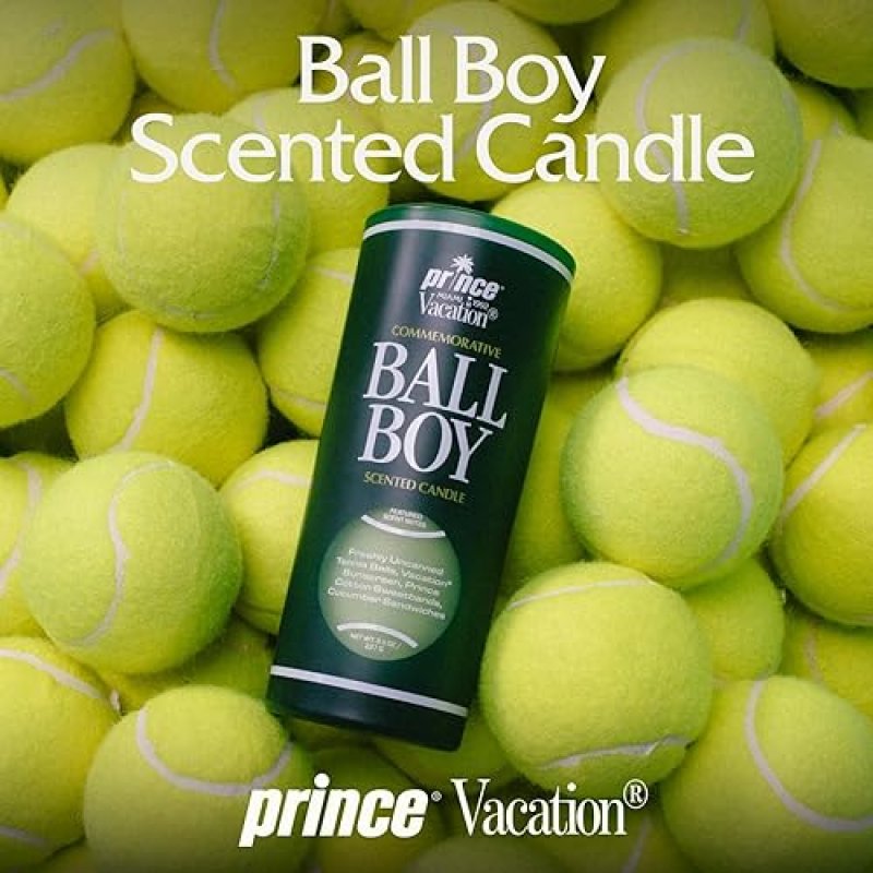 VACATION BALL BOY TENNIS SCENTED CANDLE BY PRINCE X VACATION SUNSCREEN, 65-HOUR SOY WAX, 8OZ GIFT