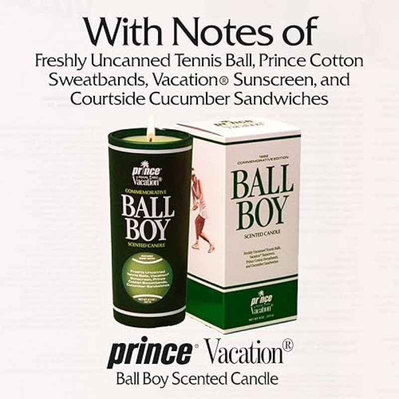 VACATION BALL BOY TENNIS SCENTED CANDLE BY PRINCE X VACATION SUNSCREEN, 65-HOUR SOY WAX, 8OZ GIFT
