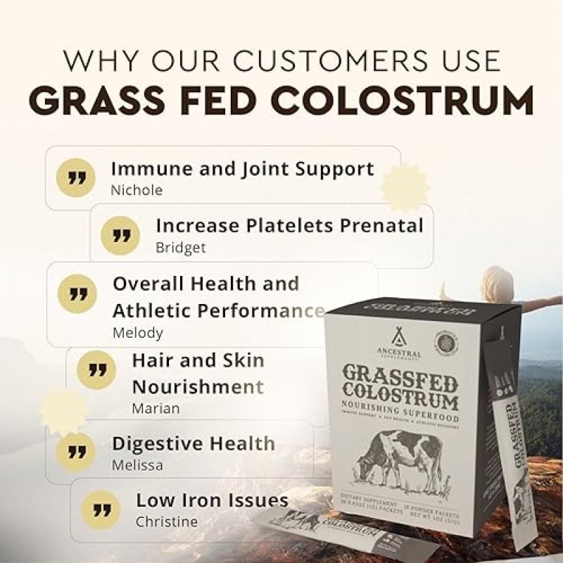 ANCESTRAL SUPPLEMENTS BEEF COLOSTRUM POWDER PACKETS IMMUNE, GUT, SKIN HAIR SUPPORT, 30 STICKS