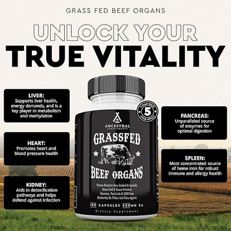 ANCESTRAL SUPPLEMENTS GRASS-FED BEEF ORGAN COMPLEX LIVER, HEART, KIDNEY, NON-GMO, 180 CAPS